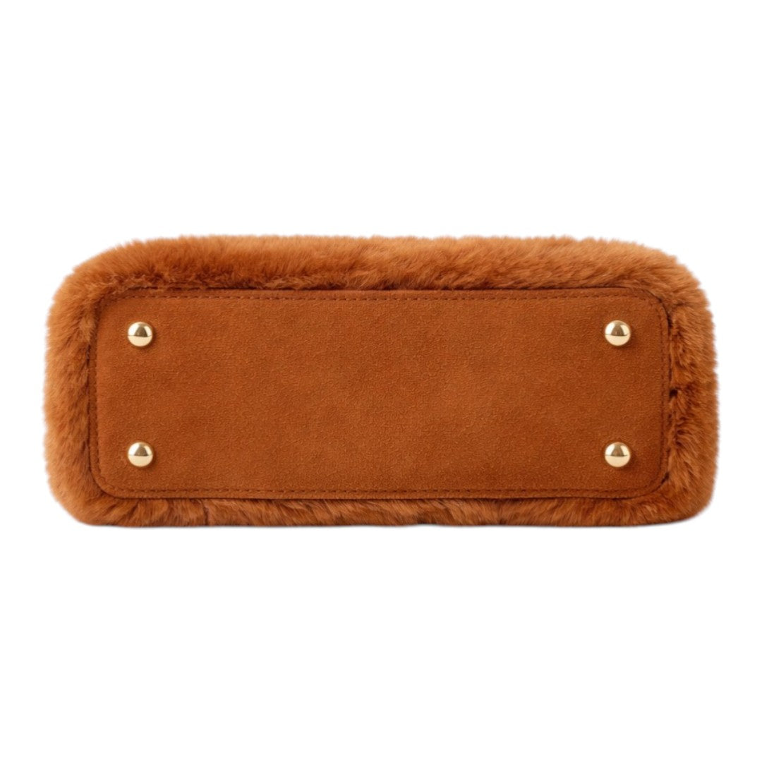 Dinix Women’s Plush Faux Fur Handbag with Gold Top Handles – Coffee Brown