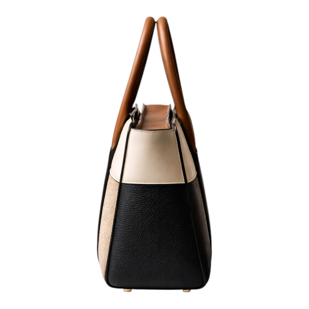 Dinix Women’s Black & Beige Color Block  Leather Top Handle Handbag