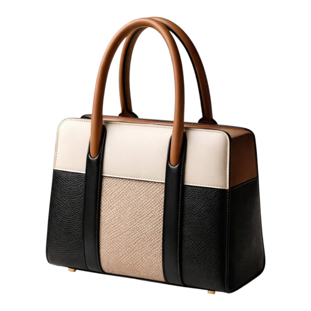Dinix Women’s Black & Beige Color Block  Leather Top Handle Handbag
