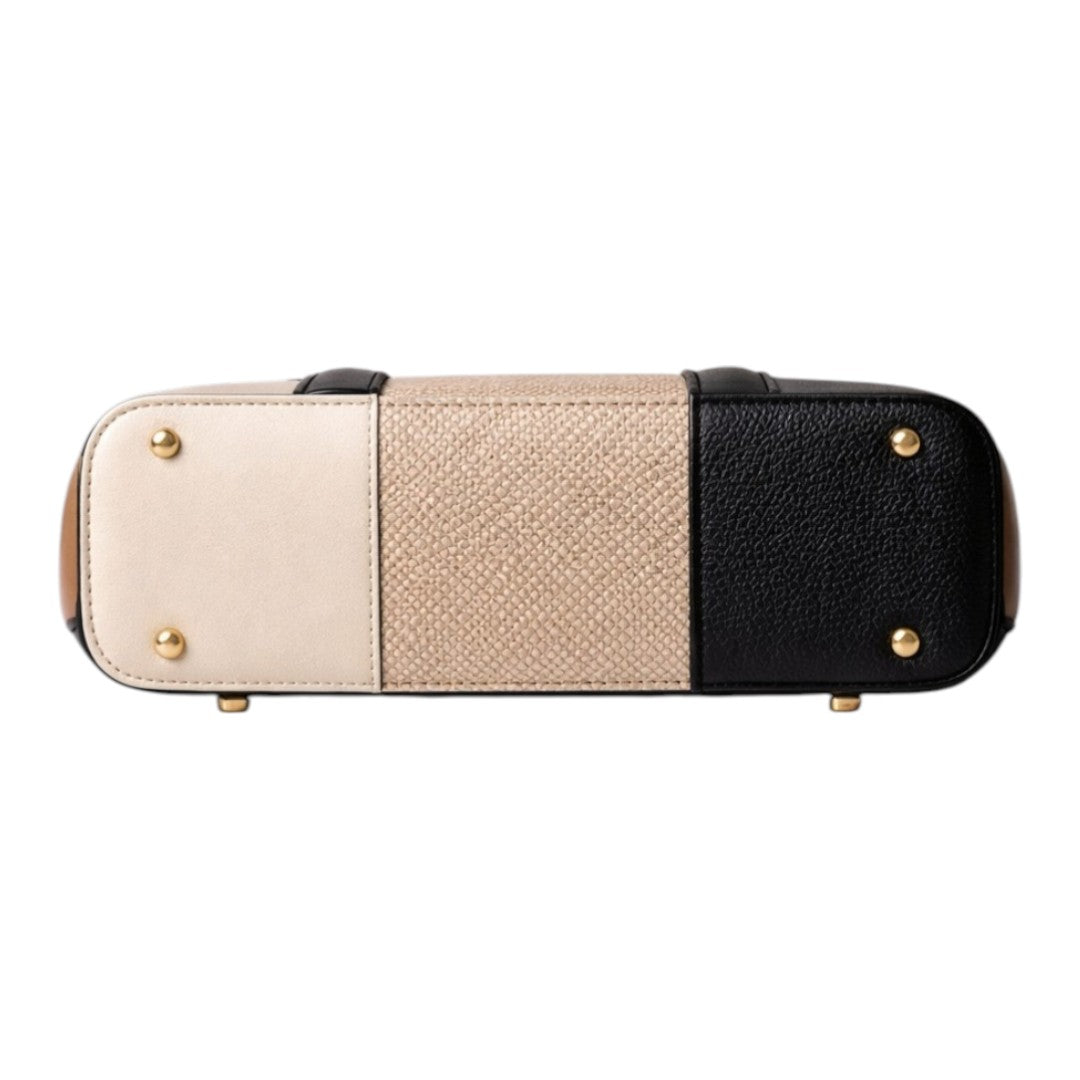 Dinix Women’s Black & Beige Color Block  Leather Top Handle Handbag