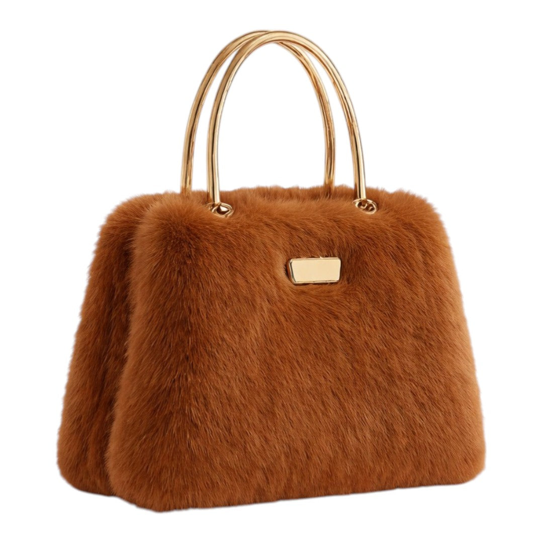 Dinix Women’s Plush Faux Fur Handbag with Gold Top Handles – Coffee Brown