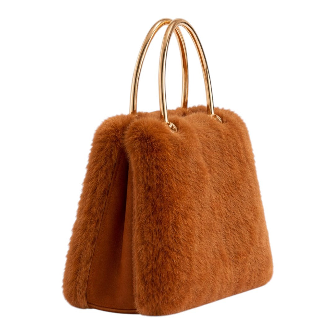 Dinix Women’s Plush Faux Fur Handbag with Gold Top Handles – Coffee Brown