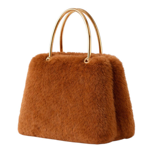 Dinix Women’s Plush Faux Fur Handbag with Gold Top Handles – Coffee Brown